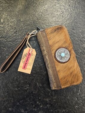 Leather Accent Brown Hair-on Hide Wristlet Wallet with Turquoise Concho